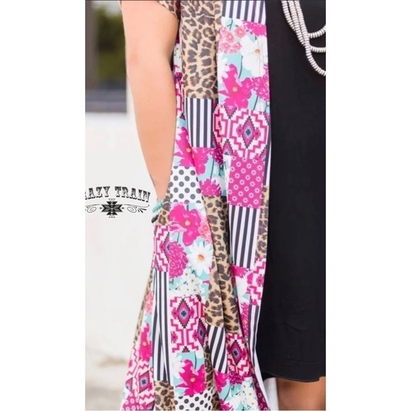 Crazy Train Women Sz M Patchwork Duster Jacket Long Cardigan Leopard Print Pink - Picture 5 of 10